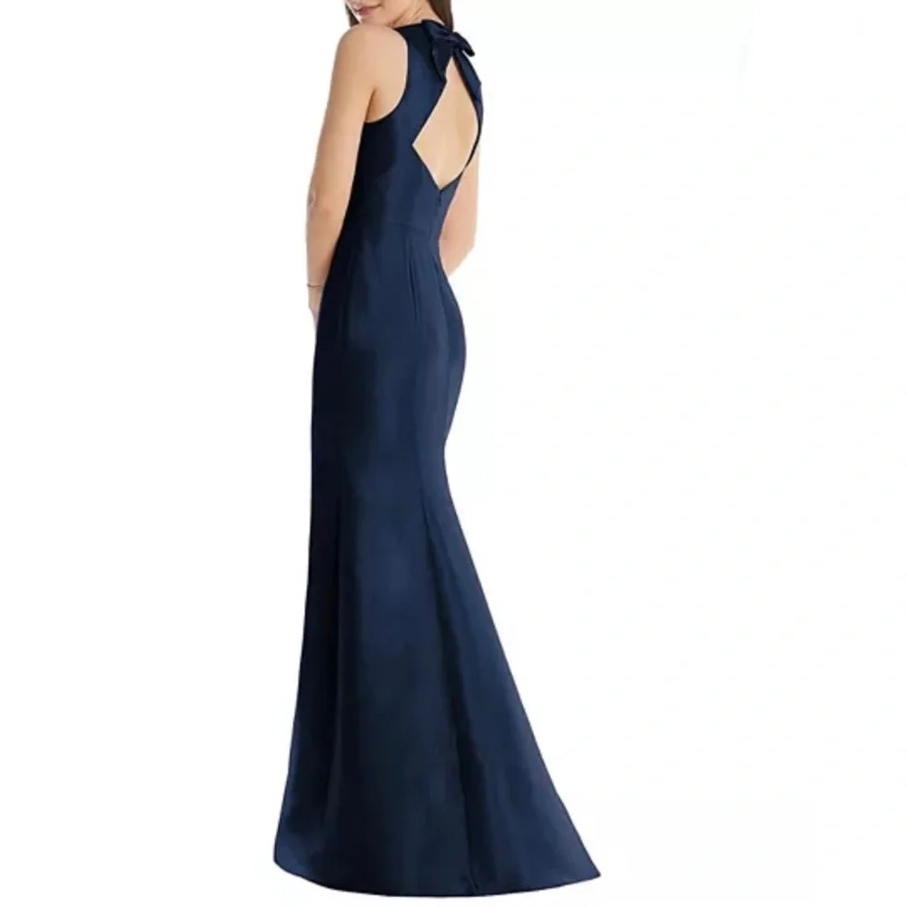 Alfred Sung Bow Open Back Trumpet Gown Blue Jewel Neck Front Slit Size 4 D734 - Picture 3 of 10